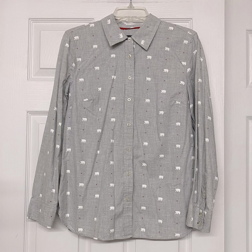 Talbots Polar Bear Novelty Print Gray Button Front Top Sz M